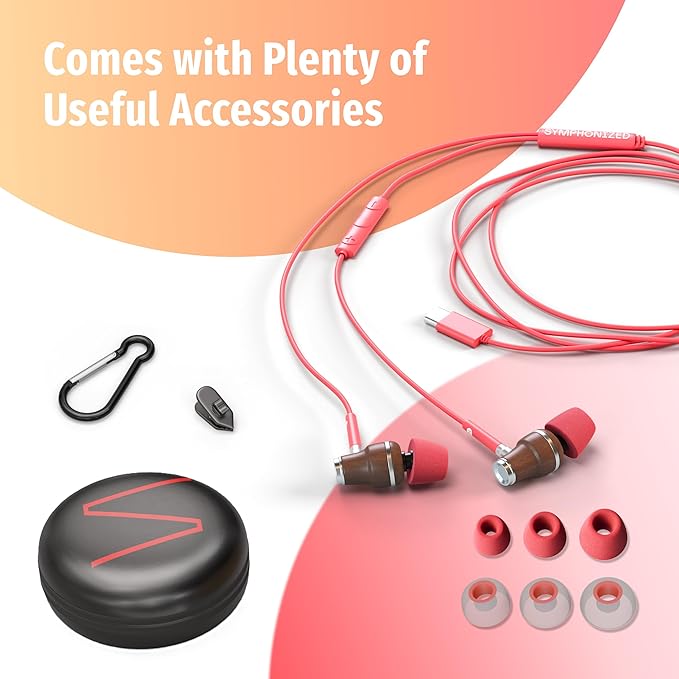 Symphonized Premium Wooden iPhone Earphones Wired (USB C) Deep Bass Sound, 3D Sound, Microphone Volume Control, 90% Noise Cancelling for Type C Devices. Earphones for iPhone 15 to 16 & Android