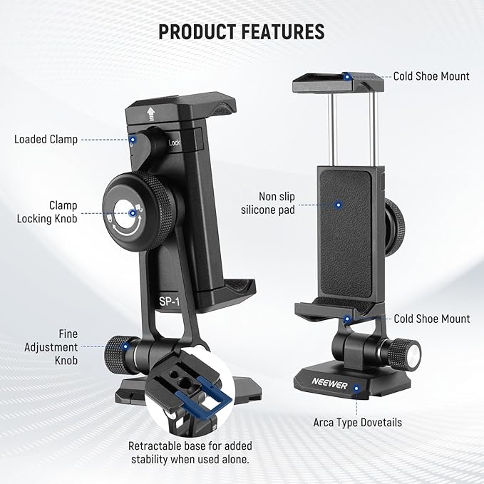 Neewer Phone Tripod Mount Adapter with Arca Type QR Base, Cold Shoe, 1/4" 3/8" Holes, 360° Swivel 180° Tilt, Phone Holder Compatible with iPhone Samsung Arca Swiss DJI RS 4 Pro 3 2 Stabilizer, SP-18