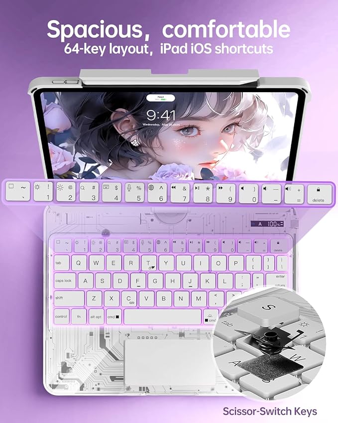 Intermerge Clear Keyboard Case for iPad Air 13" (M3/M2, 2025/2024) & Pro 12.9" (2022-2018) - 360° Rotatable Trackpad, RGB Backlit Keyboard, Pencil Holder, Power Indicator, Type-C, Frost Pulse