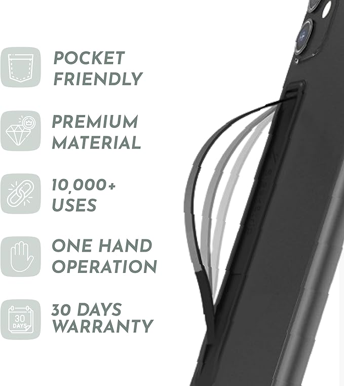 Phone Grip, Ultra Thin Cell Phone Grips Finger Holder Kickstand for Back of Phone, Loopy Case Swappable for Smartphones Wireless Chargers Car Mounts - SleekGrip Essential