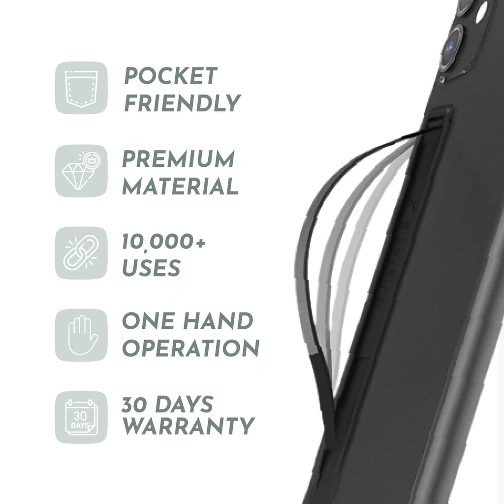SleekStrip SleekGrip-Essential Ultra Thin Phone Grip Stand,Slim Metal Finger Loop Ring Hand Holder Strap Cell Phone Grips for iPhone 16 Pro Max,17 Air,Android,Case Back - Black x Jet Black