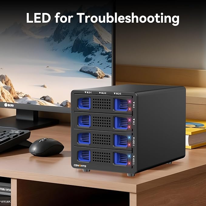 Hybrid 2*2.5/3.5" SATA HDD/SSD+6* M / B+M Key M.2 NVMe Enclosure with Cooling Fan and USB A/C 3.2 Gen 2, Hard Drive Enclosure Support 92TB(2*22TB HDD+6*8TB 2230/2242/2260/2280/22110 SSDs)