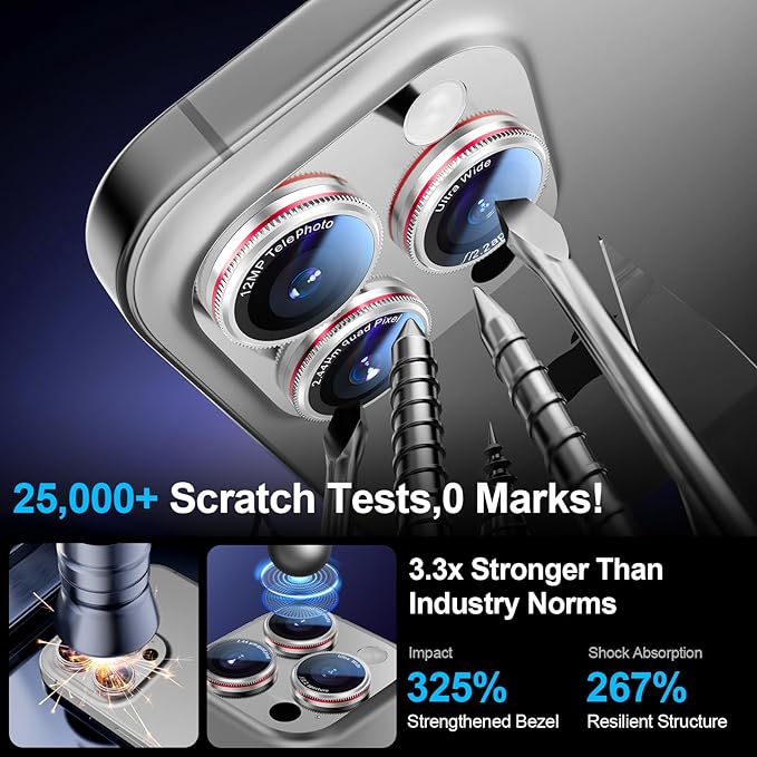 X-it 1 Pack Camera Lens Protector, Shatterproof Protection Anti-Scratch Ultra HD Camera Protector, Anti-Glare 9H Tempered Glass Lens Protector for iPhone 16 Pro Max/16 Pro, Case Friendly, Silver Red