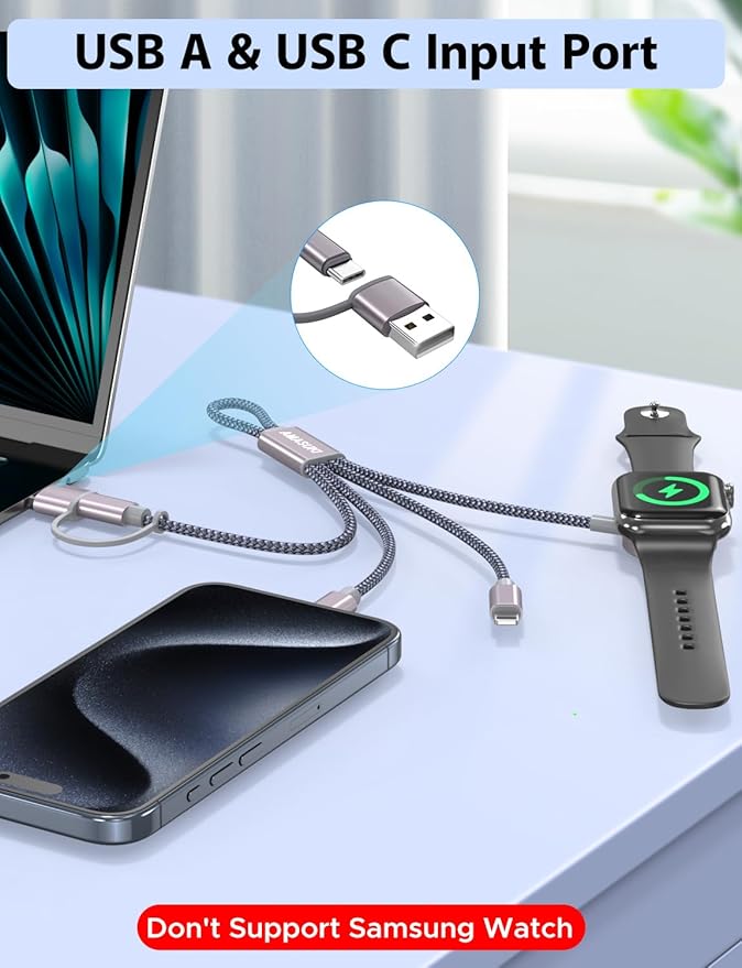 2Pack 8inch Short 3 in 2 USB C Cable for Apple Watch Charger iPhone Charger USB C Multi Fast Charging Cable Compatible with iWatch Ultra/SE/10/9/8/7/6/5/4/3/2/1 & iPhone 16/15/14/13/12/11/Galaxy S2