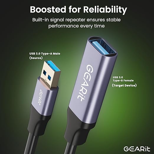 GEARit USB 3.0 Active Extension Cable (30 Feet) A-Male to A-Female USB Repeater with Signal Booster for Oculus Rift, Quest Link, Xbox 360 Kinect, PlayStation, Printer, Webcam - 30ft