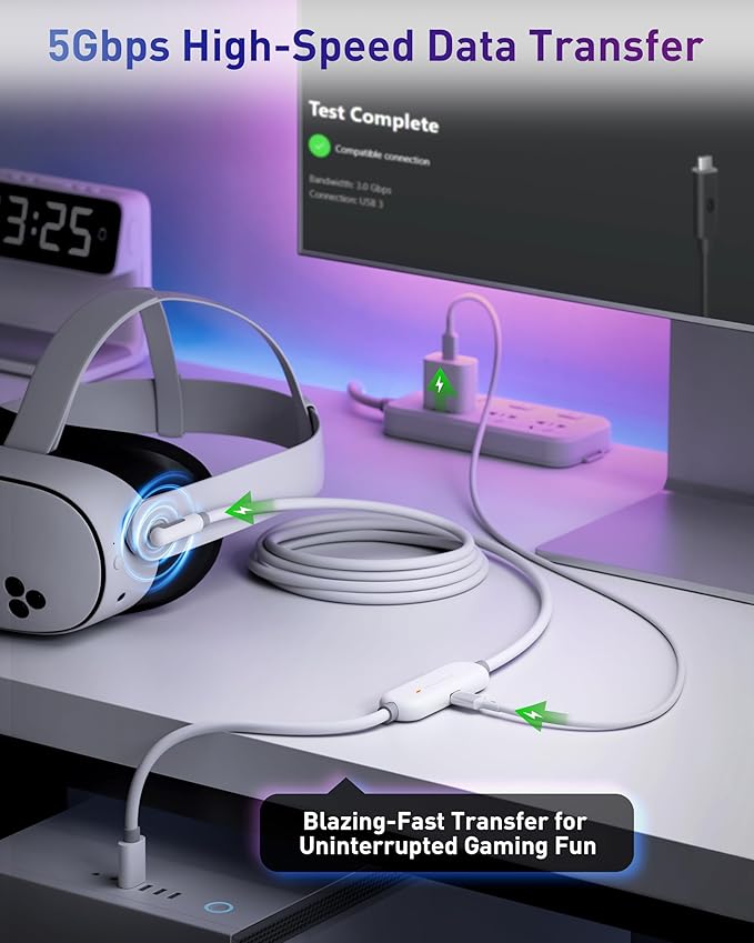Maxonar VR Charging Link Cable 20FT (Next-Gen Chip) Compatible with Meta Quest 3S/Quest 3/Oculus Quest 2/Pico 4 Accessories and PC/SteamVR, Awesome Gift-5Gbps USB 3.0 to USB C Cable-White
