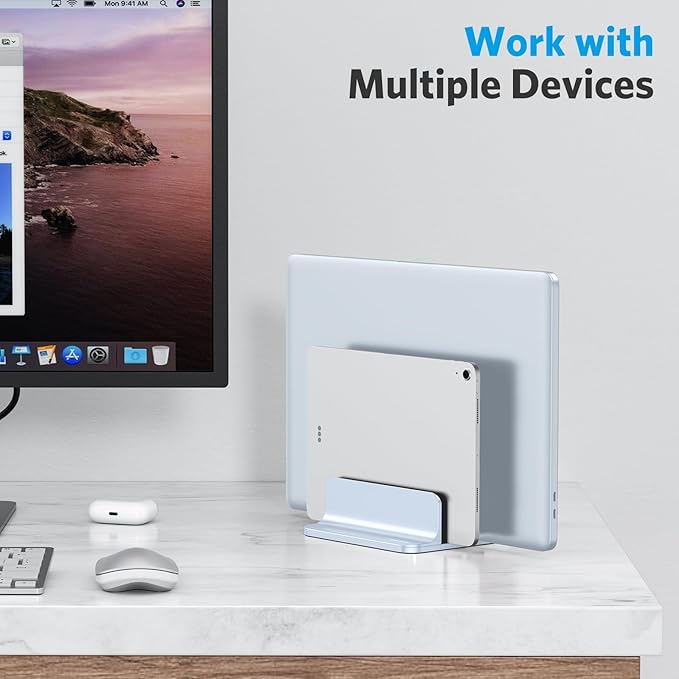 OMOTON [Updated Dock Version Vertical Laptop Stand, Double Desktop Stand Holder with Adjustable Dock (Up to 17.3 inch), Fits All MacBook/Surface/Samsung/HP/Dell/Chrome Book (Sky Blue)