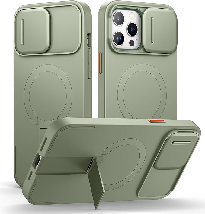 SURITCH for iPhone 13 Pro Max/12 Pro Max Case with Magnetic Camera Slide Cover and Adjustable Kickstand, Compatible with MagSafe, Shockproof Bumper Case Slim Protective Cover 6.7 Inch, Green