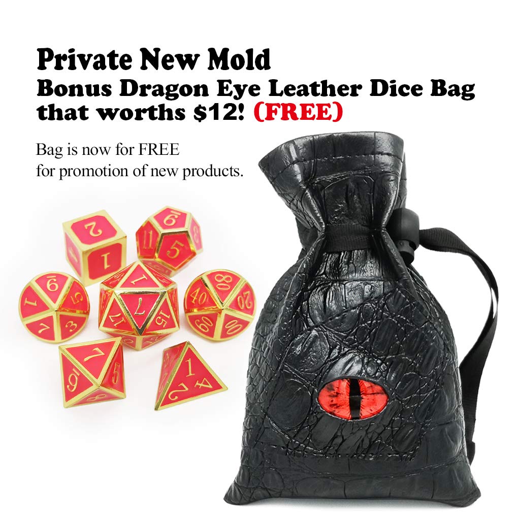 Haxtec Gold Glowing Red Metal DND Dice Set Glow in the Dark Enamel D&D Dice with Dragon Eye Leather Dice Bag Compatible with Dungeons and Dragons TTRPG Gift for DND Lovers DM Masters