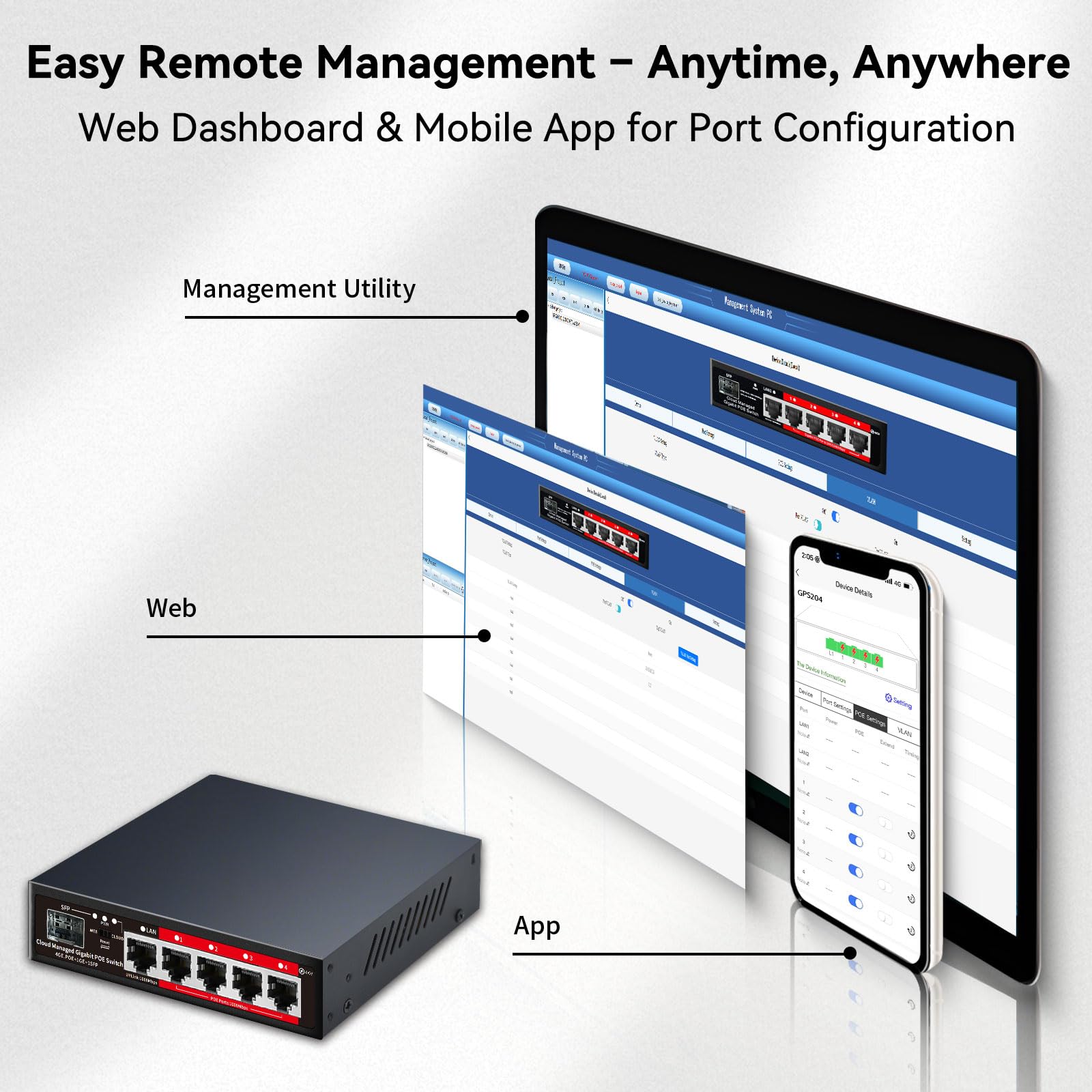 Poe Switch, 5 Port Gigabit PoE+ Switch, Easy Managed Gigabit Ethernet Switch, 4 Poe Ports @52W, 1 Uplink Ports, 1 SFP Slot, APP Smart Managed, Overload Protection w/ Port