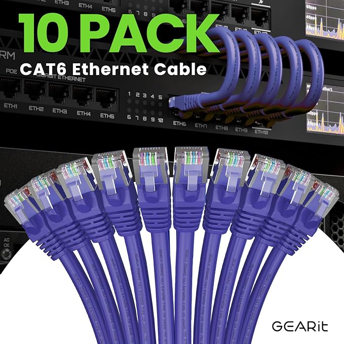GearIT Cat 6 Ethernet Cable (10-Pack 3 Feet) Cat6 Network Patch, 10Gbps, RJ45, Snagless Cord, Gold-Plated Connectors, Internet for PC, TV, Tablet, Router, Printer, Servers, IT Data Center - Purple