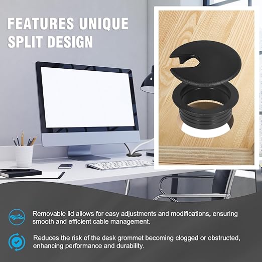1-1/2" Black Desk Grommet, JTemgle Plastic Cable Hole Cover Computer Table Cord Wire Organizer Caps Desktop Cord Management for Home Office TV Stands Tabletops, 2 Pieces