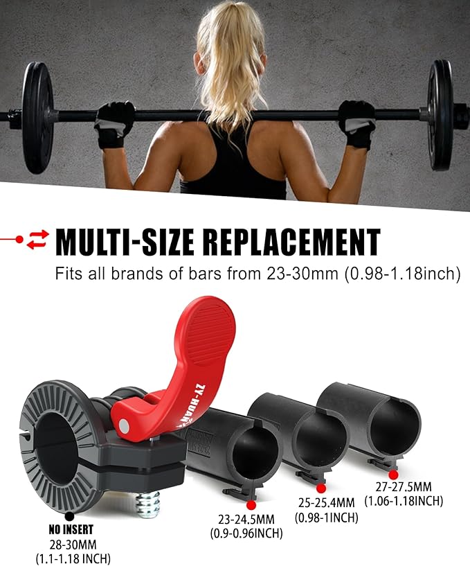 Pro Barbell Clips 1 inch Barbell Clamps 0.9-1.18inch Quick Release Weight Clips for Bars Multi-Size Adjustable Olympic Barbell Clamps