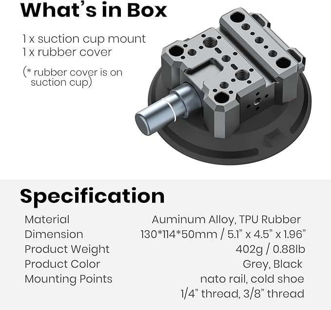 4.5" Suction Cup Camera Mount – Ultimate Car Camera Mount with Cold Shoe, NATO Rail, and Threaded Holes for Cameras, Action Cameras, Phones (4.5")