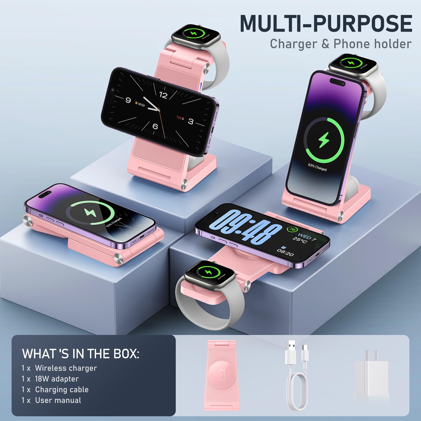 GEJIUCAI Magnetic Wireless Charger Stand, 3 in 1 Foldable Wireless Charging Station, Travel Charger for Multiple Devices for iPhone 16 15 14 13 12 Series, Apple Watch Ultra/SE/9/8/7/6/5/4/3/2, AirPods