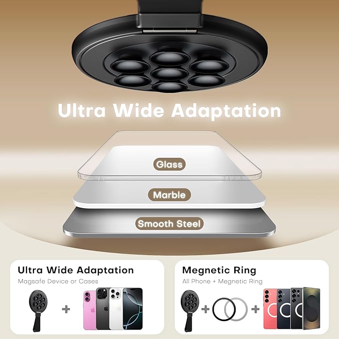 TAURI for Magsafe Suction Phone Grip - Universal Magnetic Suction Grip, 360° Rotating Hands-Free Holder, Silicone Suction Grip for iPhone 16 Pro Max/15/Android/S25,Black