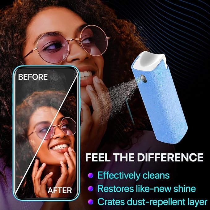Mini Screen Cleaner Spray – Finger Proof Screen Cleaner for Smartphones, iPads, MacBooks, Laptops, Car Screens, Touchscreens – 3 in1 Mist Cleaner, Microfiber Cloth and Protective Cover (Blue)