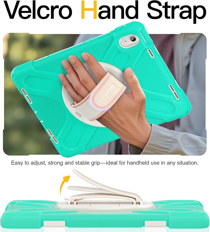 BRAECN for iPad (A16) 11th/10th Generation case 11/10.9 inch 2025/2022 Heavy Duty Shockproof Protective with Pencil Holder Screen Protector 360°Rotating Stand Handle & Shoulder Strap Full Body Cover
