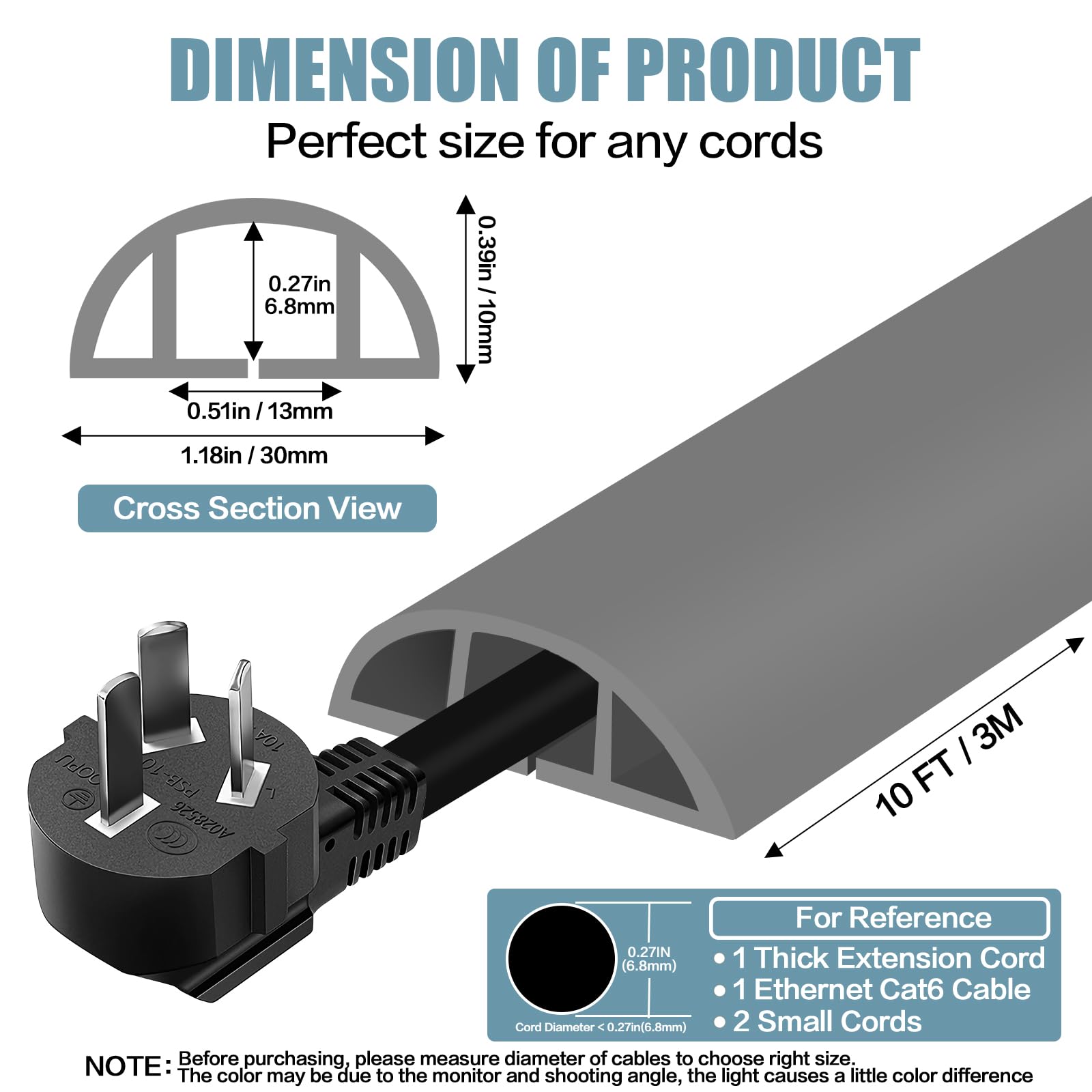 Floor Cord Cover Self Adhesive Cord Hider,10FT Cable Management, Extension Strip Protector for Wires, Prevent Cable Trips for Offices, Gyms, Exhibitions Cavity:0.39"(W) x 0.27"(H) Gray