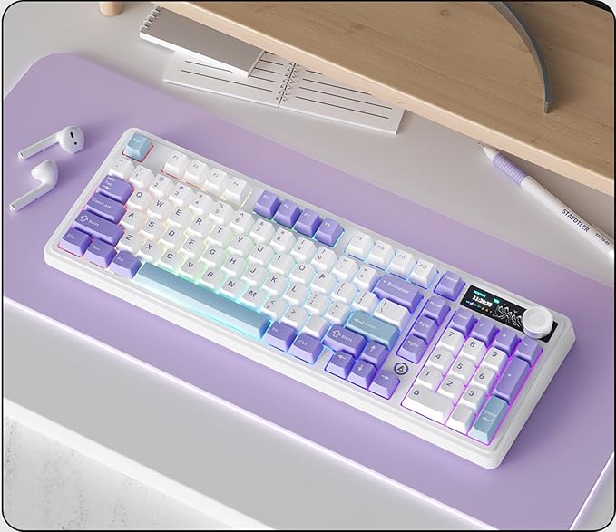 AK980 97Keys Tri-Mode Full Mechanical Keyboard, Gasket-Mounted, Hot-Swappable, 1.14” TFT Smart Display, Bluetooth 5.1/2.4G Wireless/Wired, PBT Keycaps RGB Backlit (Purple, Qingyun Tactile Switch)