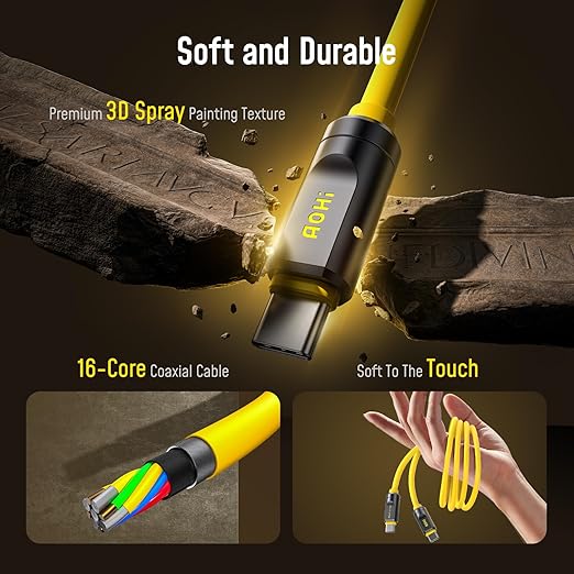 AOHI USB4 2.0 Cable 6.6ft with 240W PD3.1 Fast Charging, 80Gbps Data Transfer, Dual 8K/Triple 4K Display, The Future Adonis USB C Cable for MacBook Pro/Air, iPhone 16 Pro Max, SSD, Docking, Yellow