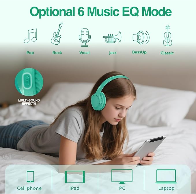 MIDOLA Bluetooth Headphones Over Ear 68H Playtime 6 EQ Wireless Headset with Microphone HiFi Stereo Foldable Lightweight Deep Bass for Travel Home Office Cellphone Cyan