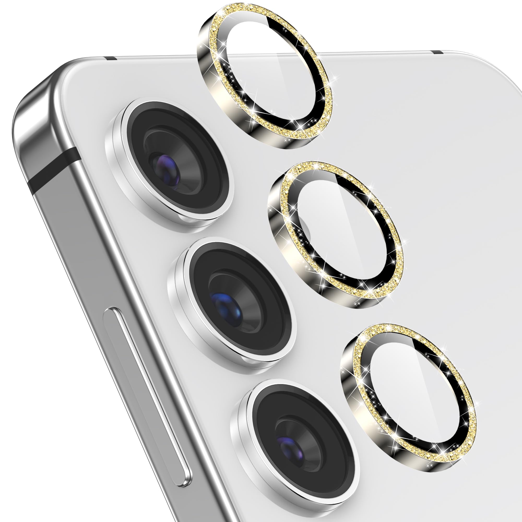 YWXTW Camera Lens Protector for Samsung Galaxy S24 / S23 / S23 Plus, [NOT for S24 Plus] 9H Tempered Glass Metal Individual Ring Camera Screen Protector for S24 Accessories (Gold Glitter)