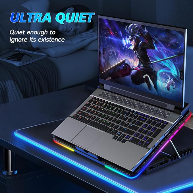 LIANGSTAR Laptop Cooling Pad, Laptop Cooler Gaming 5 Quiet Fans with Large Metal Plate for 12-17.3 Inch Fan Stable Stand, 4 Modes RGB Light, 7 Height & Adjust Speed, 2 USB Port & Phone Holder