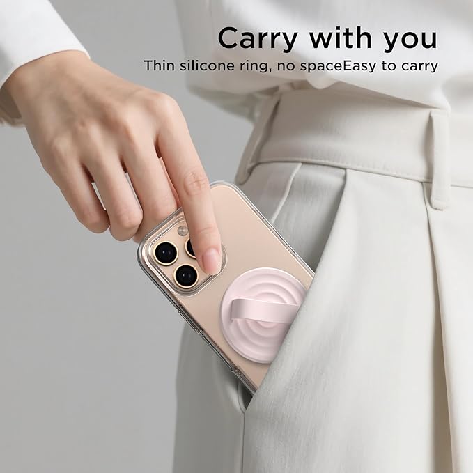 Magnetic Phone Ring Grip Holder, Silicone Finger Loop Grip, Compatible with MasSafe, Back of Phone for iPhone Pro Max/Plus/16/15/15/14/13/12 Series, Lovely Pink