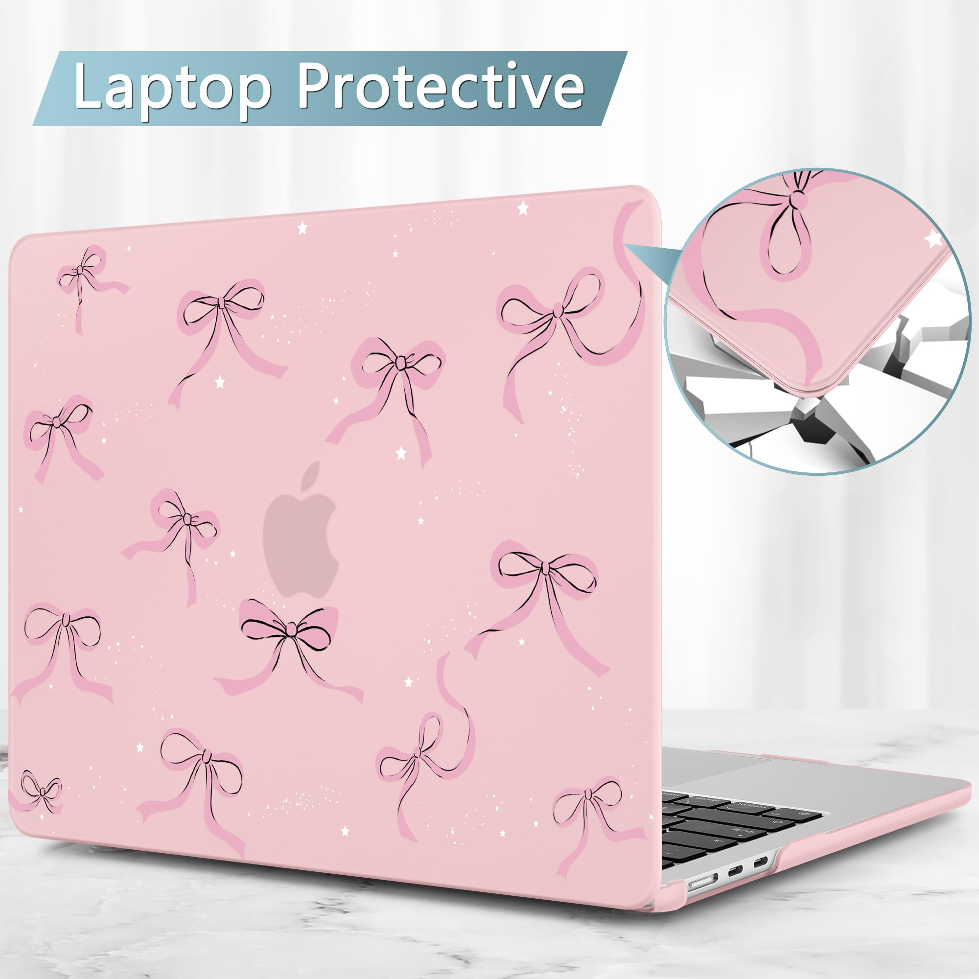 May Chen Case for MacBook Air 13/13.6 inch M5 A3449 M4 A3240 M3 A3113 M2 A2681, 2026 2025 2024-2022, Plastic Hard Shell with Keyboard Cover & Screec Protector, Chalk Pink Bow