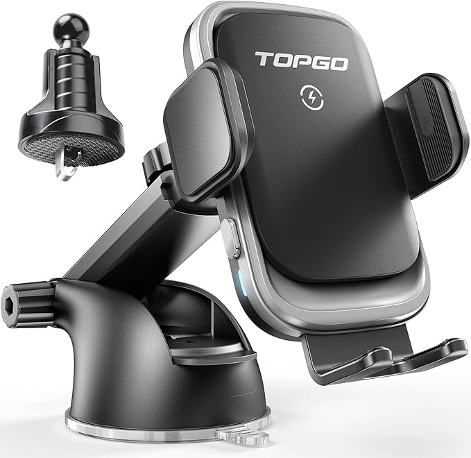 TOPGO Dashboard Wireless Car Charger, Universal Cell Phone Holder, Wireless Charger Phone Holder, 15W Fast Charging for iPhone16 Pro Max, Samsung Galaxy - Black