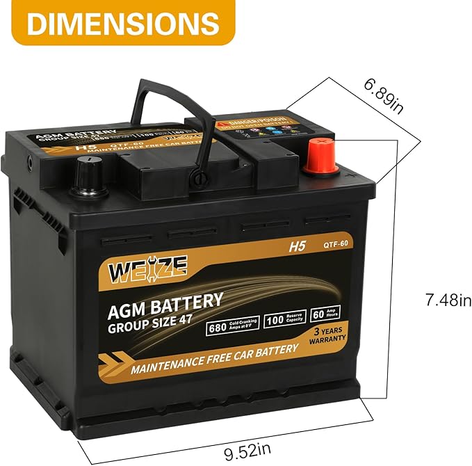 Weize Platinum AGM Battery BCI Group 47-12v 60ah H5 Size 47 Automotive Battery, 100RC, 680CCA, 36 Months Warranty, Dimensions 9.52" L x 6.89" W x 7.48" H