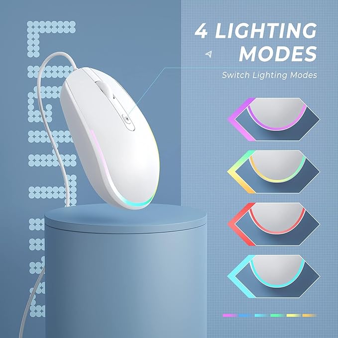 Seenda Wired RGB Backlit Optical LED Mouse - USB Cord for Laptops, Notebooks, Chromebook (White)