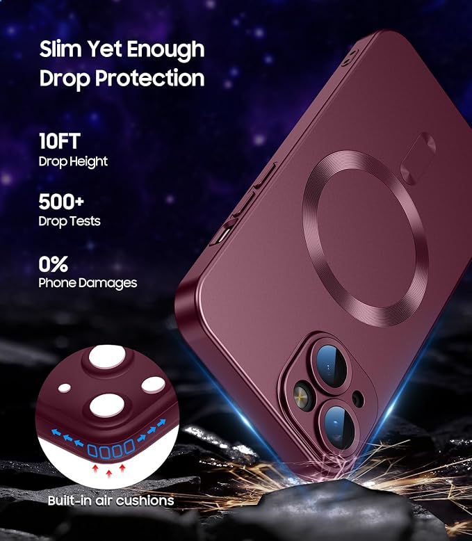 Magnetic for iPhone 14 Plus Case [Compatible with MagSafe][Built-in Camera Lens Protector] Slim Soft Silicone Bumper Shockproof Metallic Luster Phone Case (Burgundy)