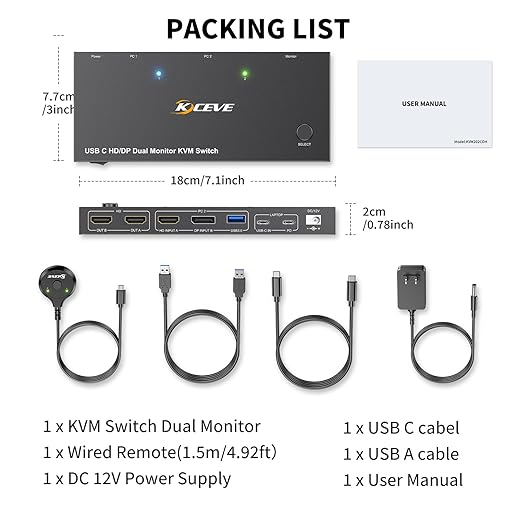 USB C HDMI DP KVM Switch for 1 Desktop+1 Laptop, Dual Monitor KVM Switch 4K@60Hz Support PD with USB C Cable, Wired Controller and Power Adapter