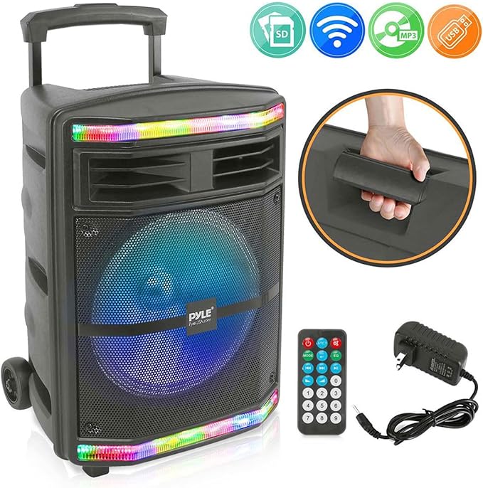 Pyle Portable Bluetooth PA Speaker System - 600W Bluetooth Speaker Portable PA System W/ Rechargeable Battery, Party Lights, MP3/USB SD Card Reader, Rolling Wheels - Pyle PPHP1044B