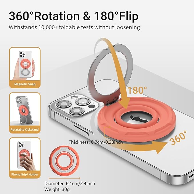 OPSO Magnetic Phone Ring Holder for MagSafe, 360 Degree Rotation Silicone Finger Ring Grip Stand Holder, Adjustable Kickstand, Compatible with iPhone 16 15 14 13 12/Pro/Max, Samsung and All Smartphone