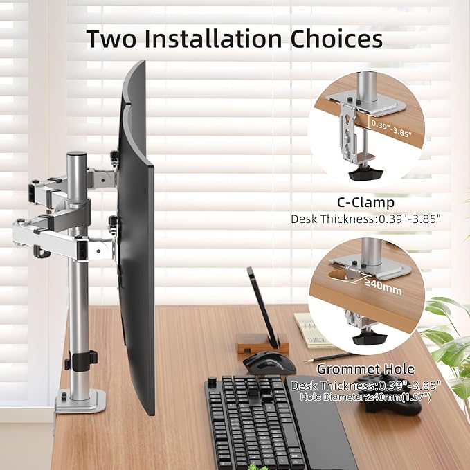 Suptek Dual Monitor Desk Mount, Adjustable Dual Monitor Arm for 2 Monitor Screens up to 38 inch, Extra Tall 15.75" Pole Monitor Stand for Desk, Holds up to 22 lbs,Silver(MD9442MS)