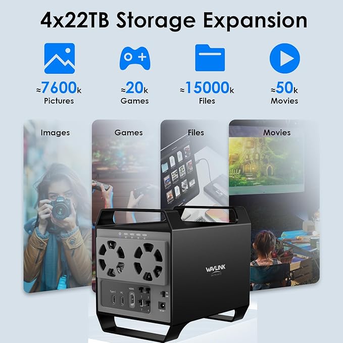 WAVLINK 4-Bay Hard Drive Enclosure for 3.5" and 2.5'' SATA HDD/SSD Featuring 10Gbps USB-C 3.2, Max 88TB Capacity, Built-in Temp-Controlled Cooling Fans, 4K HDMI Stunning Video Output, Aluminum Shell