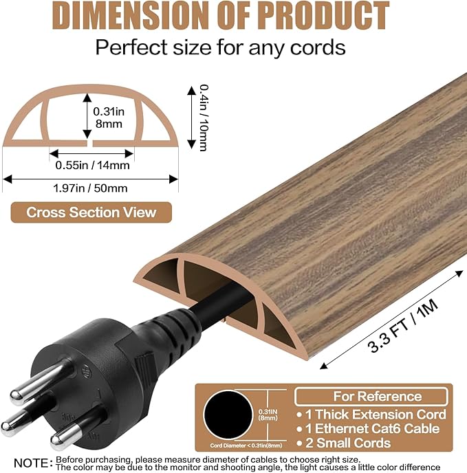 Floor Cord Cover Self Adhesive Cord Hider,3.3FT Cable Management, Extension Strip Protector for Wires, Prevent Cable Trips for Offices, Gyms, Exhibitions Cavity:0.47"(W) x0.35(H) Woodsmokedbrown