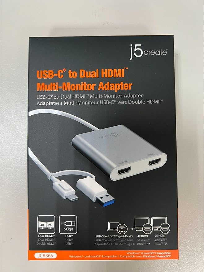 j5create USB-C to Dual HDMI Multi-Monitor Adapter with USB Type-A convertor | 4K + 2K | Compatible with Windows and Mac (JCA365)