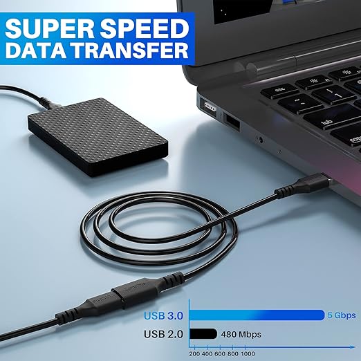3 Pack USB 3.0 Extension Cable 8 Feet, USB A Male to Female Extender Cord, 5Gbps Data Transfer for Webcam, Printer, Keyboard, Mouse, Flash Drive, Hard Drive, Controller, Black Cable with 5 Cable Ties