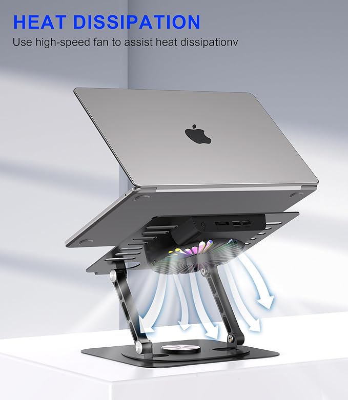 Laptop Stand,with 360°Rotating Base,External Cooling Fan,Adjustable RGB Lighting,Ergonomic Foldable Notebook Computer Holder.Compatible with All 10-17" Laptops Tablets,Black