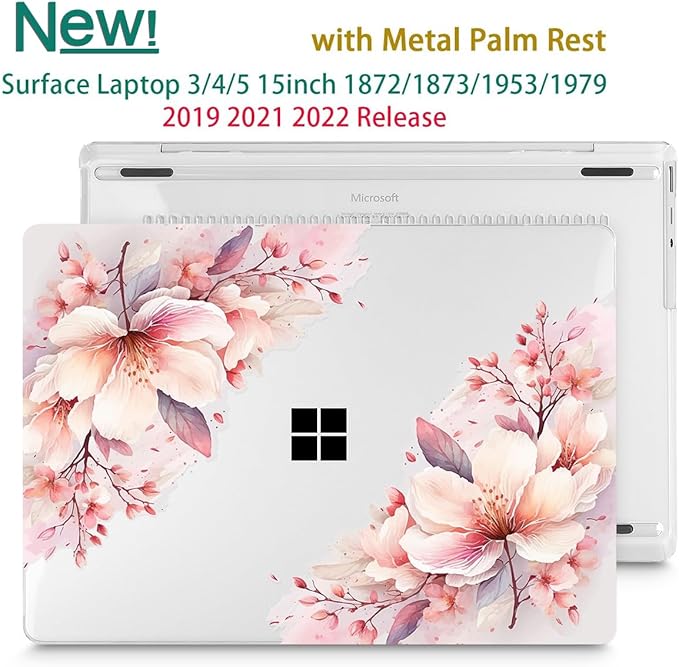 Tuiklol Case for 15 Inch Microsoft Surface Laptop 5/4/3 2022-2020, Model 1979/1953/1872/1873 Hard Shell Cover, Keyboard Cover+Screen Protector+Dust Plugs,Pink Big Flower