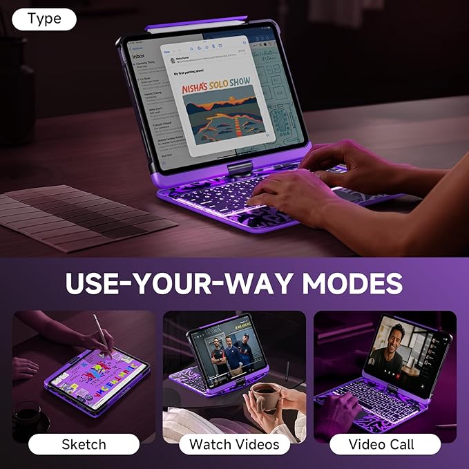 Transparent Case with Keyboard for iPad 11th Gen 11 Inch.(A16, 2025) & 2022 iPad 10th Gen 10.9 Inch,7-Color Backlit,Wireless Keyboard, 360°Rotating,with trackpad,Pencil Holder,with Shortcuts,Purple