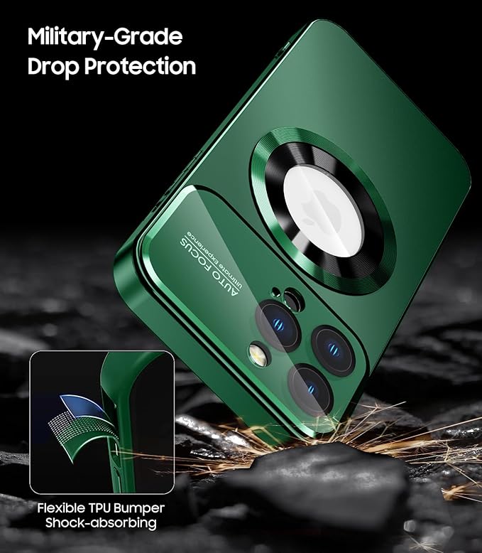 Magnetic for iPhone 14 Pro Max Case, Compatible with MagSafe, Built-in Camera Lens Protector, Logo View, Military Grade Drop Proof Phone Case Cover, Green