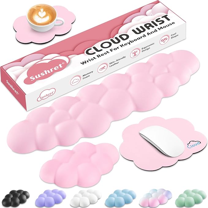 Cloud Wrist Rest for Computer Keyboard, 4-in-1 Memory Foam Leather Cloud Keyboard Wrist Rest and Mouse Pad Set with Ergonomic Support for Arm and Palm Cushion, Gaming/Work Setup, Pink