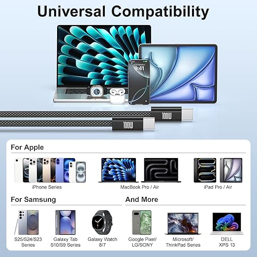 USB C to USB C Cable 3ft, 2-Pack 100W USBC to USBC Fast Charger Cord, Braided Type C to C Charger Cable Fast Charging for iPhone 17 16 15 Pro Max Plus,MacBook Pro,i Pad Pro,Samsung S25/S24 Ultra,Pixel