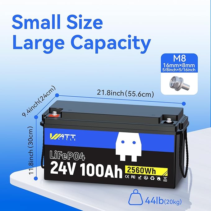 Lifepo4 Battery 100AH 24V Lithium Battery Built-in 100A BMS,Up to 20000 Deep Cycle,Perfect for Trolling Motors, Marine,RV,Boat,Solar System Home Storage (1 PACK)