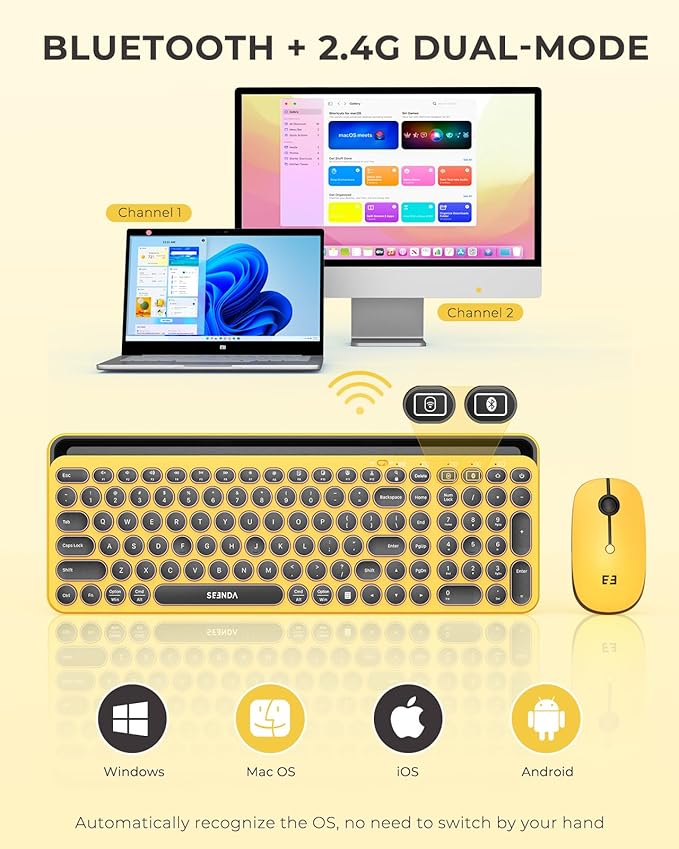 seenda Bluetooth Keyboard and Mouse for iPad, CTU-301 Multi-Device Bluetooth + 2.4G Wireless Keyboard Mouse with Tablet Holder for MacBook/Windows Computer, iOS/Andriod Tablet Phone, Yellow